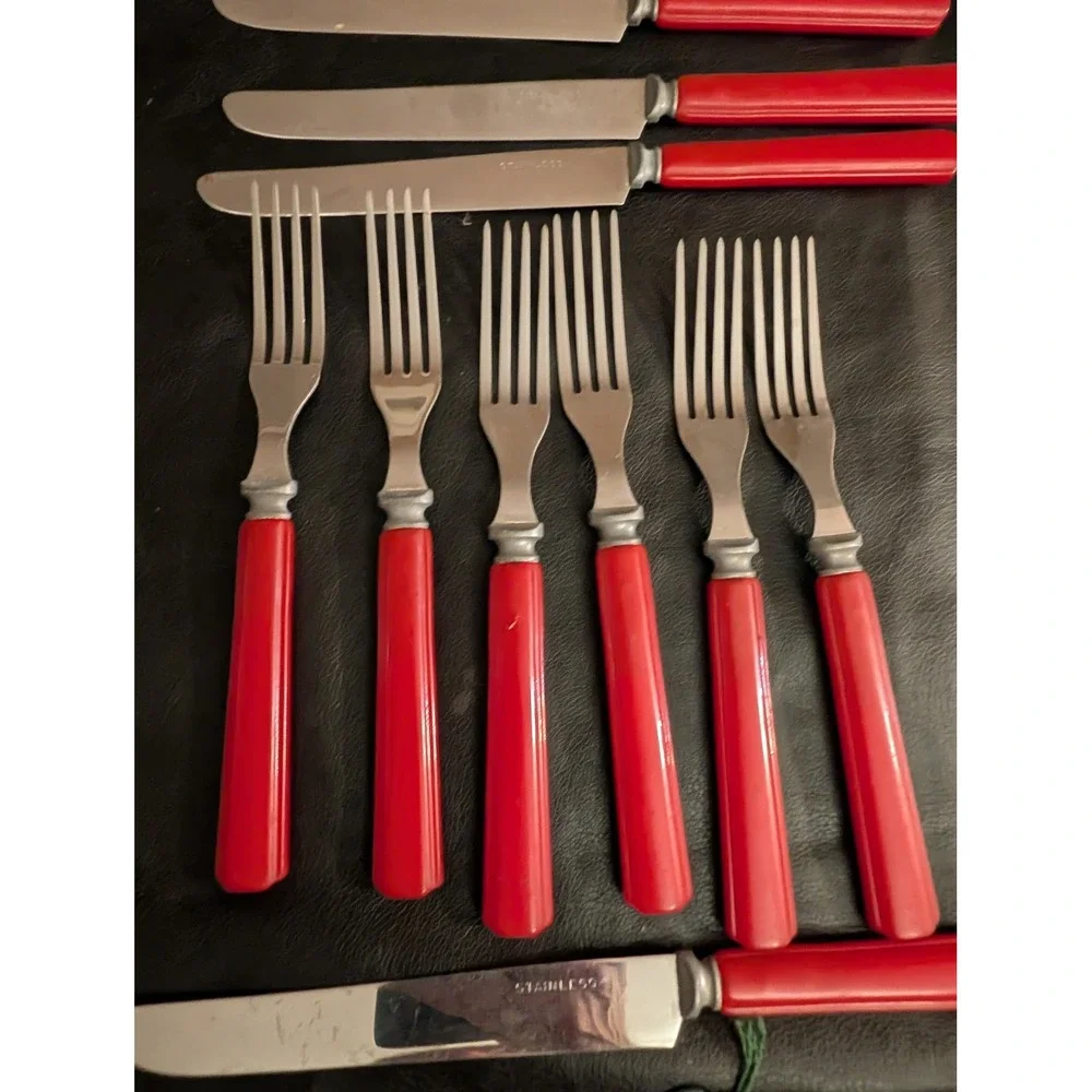 Vintage 12pc Red Bakelite Style Flatware Set Stainless Steel 6 Knives 6 Forks